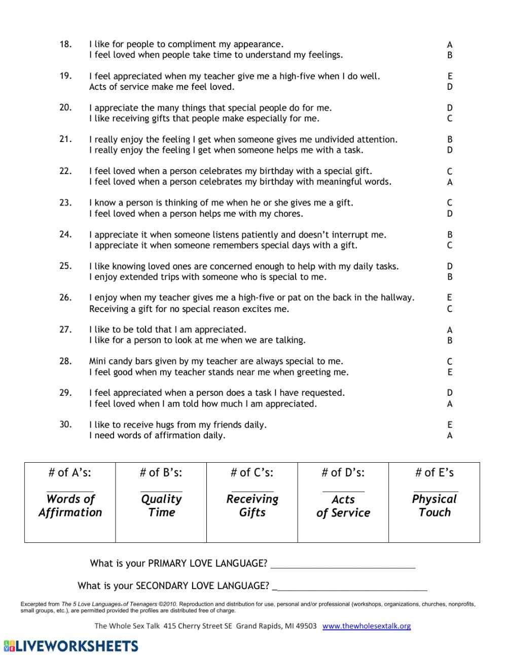 Love Language Quiz For Kids Worksheet